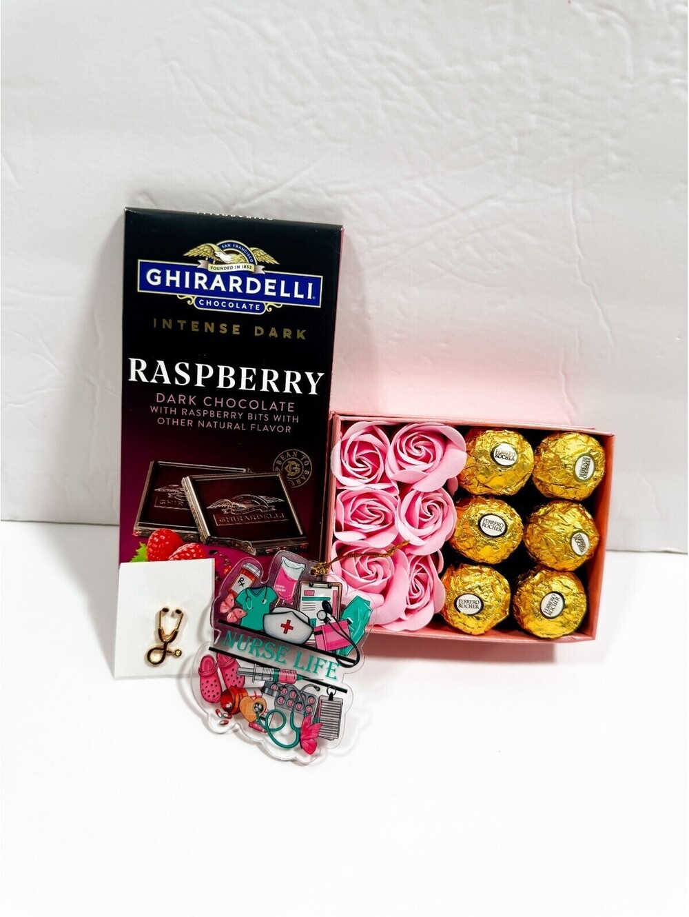 Nurses Gift Box with Raspberry Dark Chocolate, Pink Rose Box - Picture 2 of 11